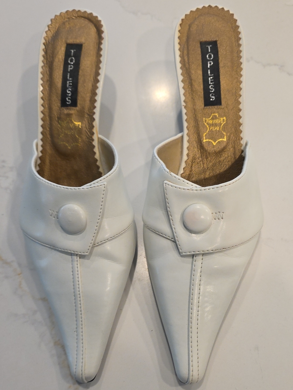 White  Pointed Toe Mule Heels W/Button Detail, Size 37 Europeon / Size 7 US.